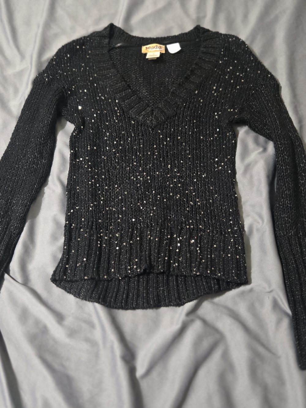 Women’s Mudd Black Embellished Pull Over V-neck Sweater Size Small Sheer Sequins